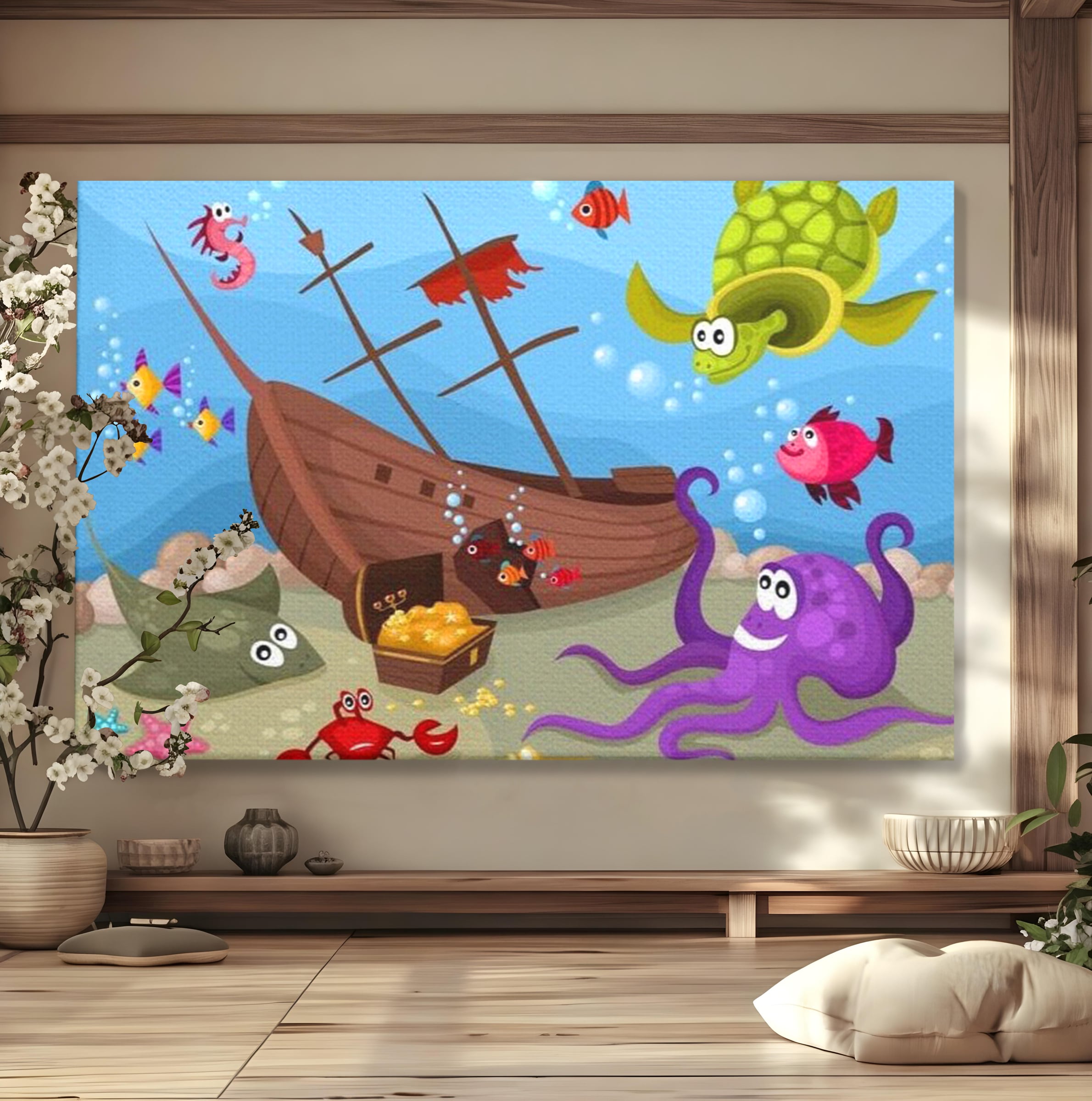 Tablou canvas cu ilustratie animata cu vietuitoare marine si epava, fara rama, pe sasiu de lemn